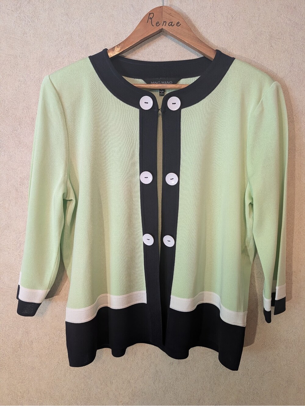 MING WANG lime green navy button down knit blazer sz L